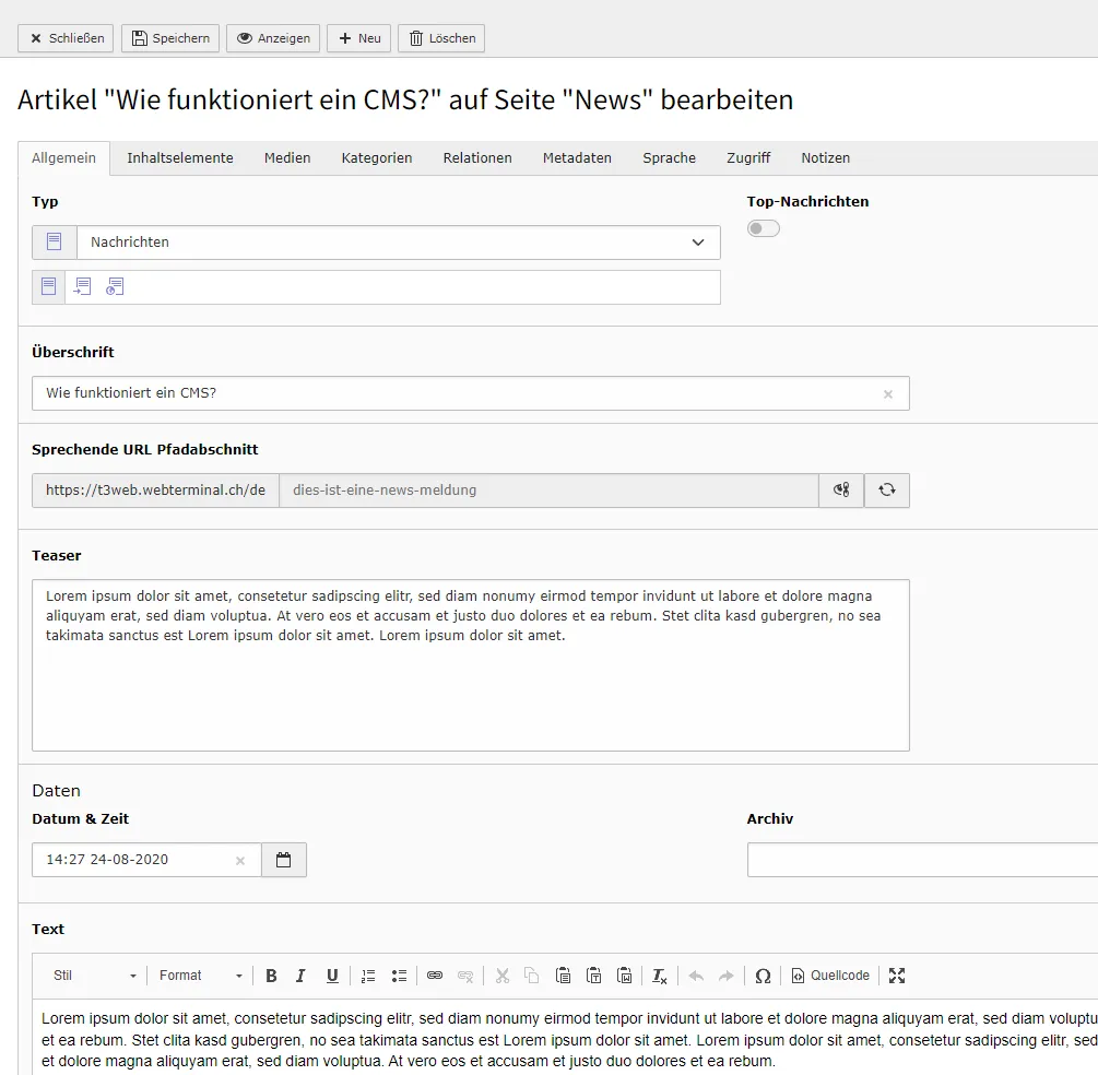Bearbeitungs-Ansicht eines Templates in TYPO3