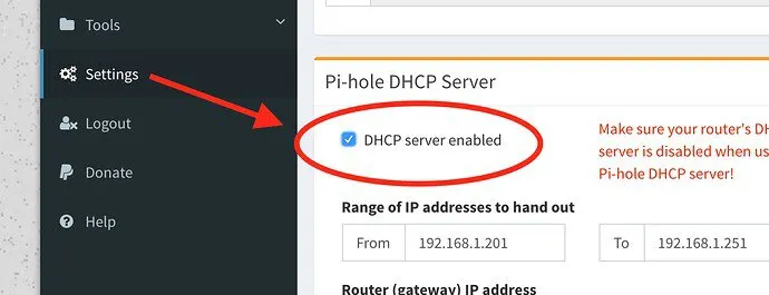 Admin Panel DHCP Server enable
Einstellungen