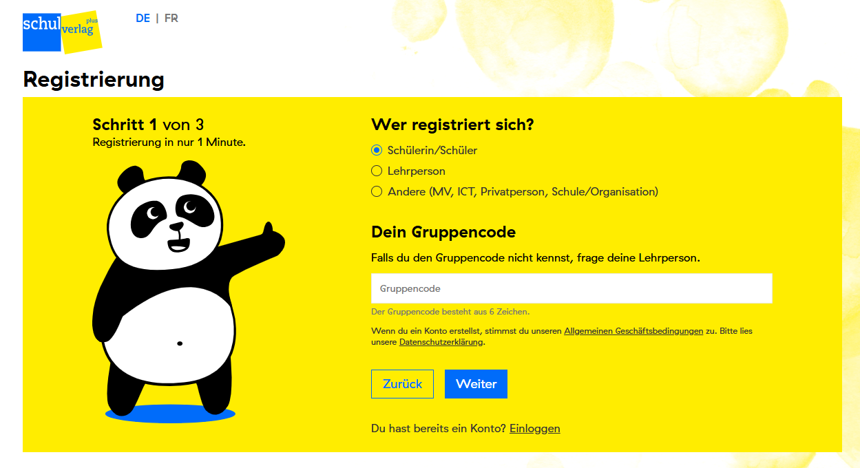 Screen bei der Registrierung beim Schulverlag
